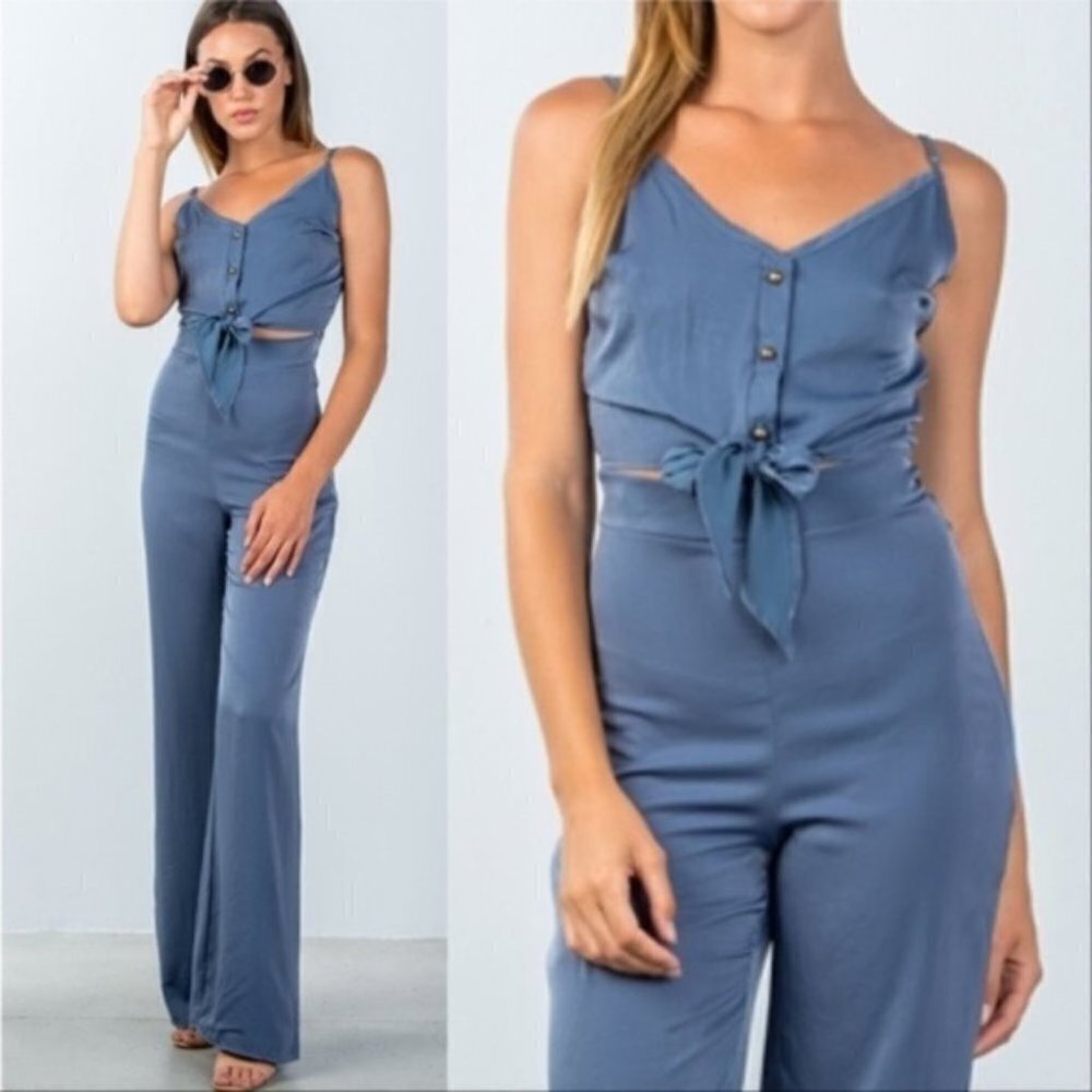 Blue 2 PIECE SET Tie front top and wide leg Pants